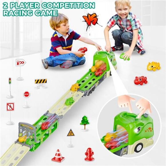 Dinosaur Truck Toys for 2 3 4 5 6 7 Year Boy Toddler, Foldable Track & 2 Player - Picture 3 of 7